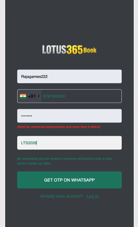 Fill the Lotus365 Signup Form